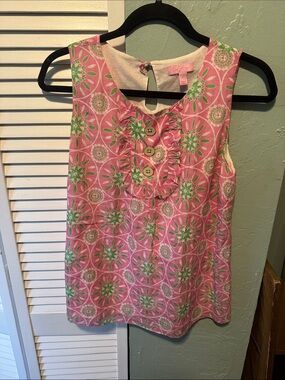 Lilly Pulitzer Pink & Green Sleeveless Ruffle-Button Tank